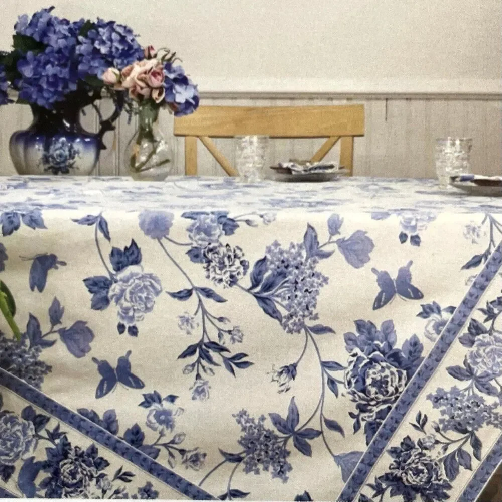 April Cornell Eden Floral Tablecloth 60x84 Blue white Seats 6-8 Cotton Cottage